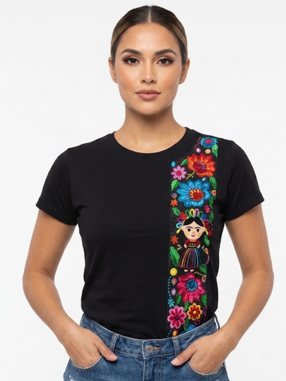 Unbranded Black Tee with Colorful Vertical Embroidered Floral & Doll Panel